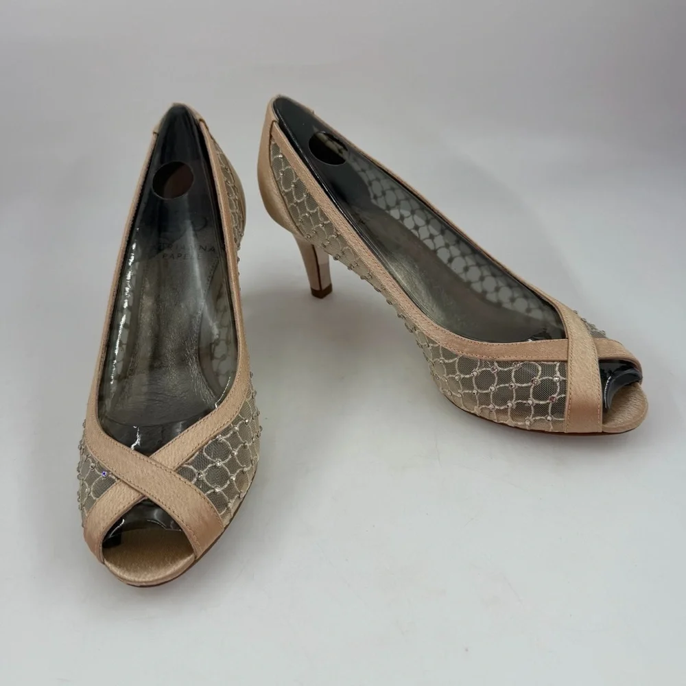 Adrianna Papell Zandra Beaded Lace -SZ 7M- Crystal Embellishments Peep Toe Pumps